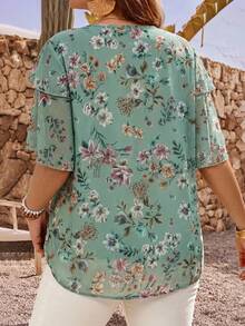 EMERY ROSE Plus Size Women's V-Neck Floral Print Casual Versatile Daily Wear Blouse - Mint Green - View 2