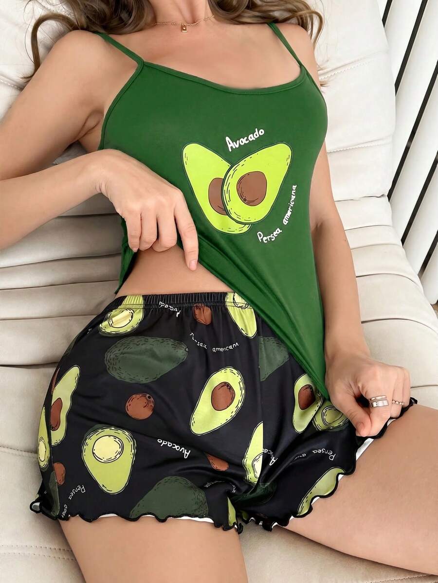 SHEIN 女款酪梨印花休閒細肩帶睡衣套裝 - 墨綠色 - 查看 1