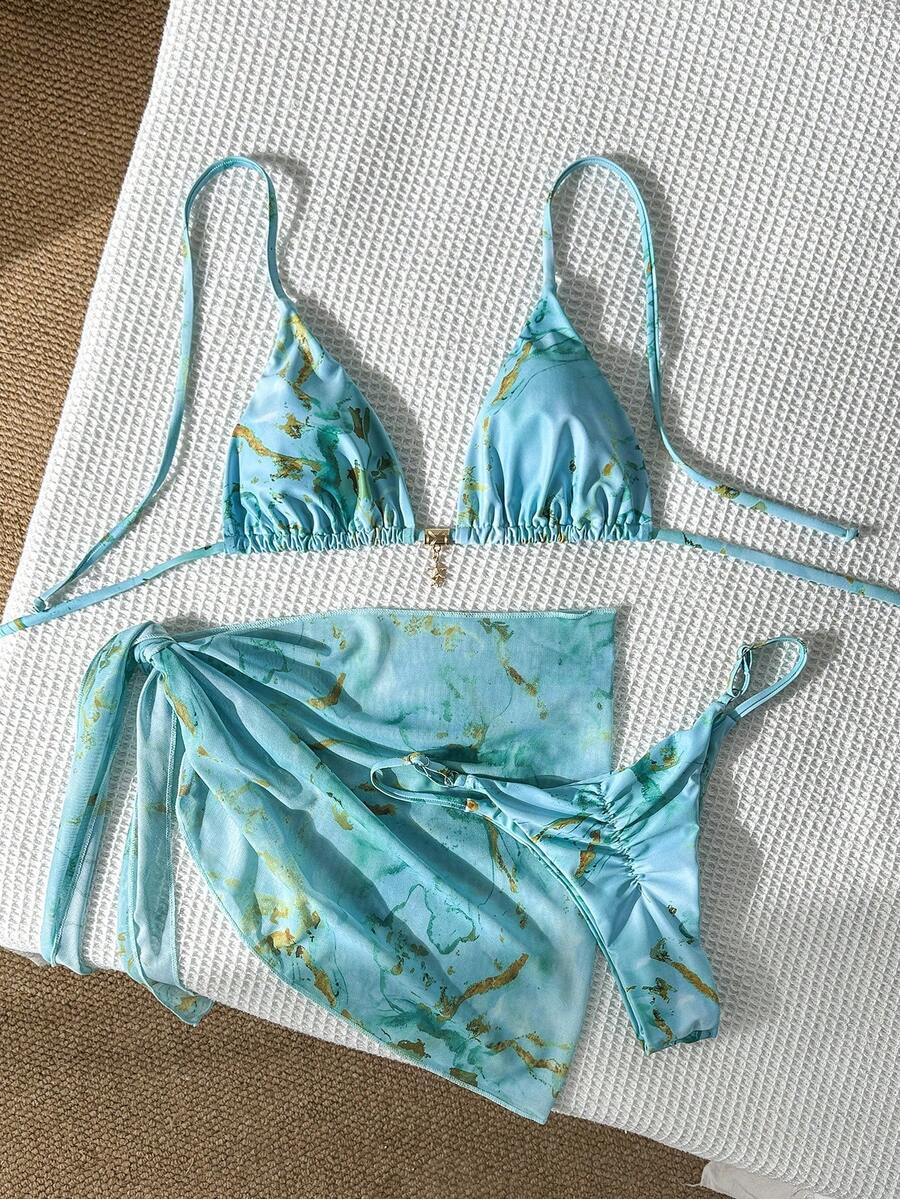 Swim Vcay Women's Spring/Summer Random Print Halter Neck Metal Decor Skirt 3-Piece Bikini Set