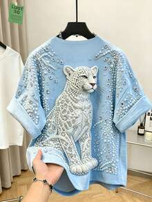 Resyla Camiseta azul bebé, estampado de leopardo, camiseta de cuello redondo, top de mujer, top de verano, actual, tops de moda, tops de streetwear, streetwear para mujeres, top Y2K, - Multicolor - Ver 2