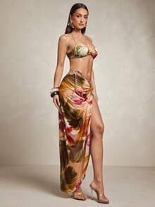 Silquee Summer Beach Vacation Beige Orange Halter Neck Women's Bikini Sarong 3 Pieces Set Tropical - Multicolor - View 5