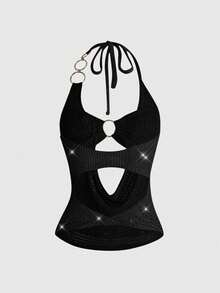 ROMWE Y2K Women's Sexy Hot Girl Halloween Style Halter Neck Hollow Out Tie Knit Top Club Holiday Night Black Summer - Black - View 2