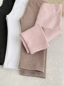SHEIN LMoss Kids LMoss 4件組女嬰可愛純色彈性腰針織內搭褲，秋冬款 - 白色 - 查看 4