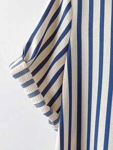 EMERY ROSE New V-Neck Striped Loose Casual Long Button Dress For Women - Navy Blue - View 3