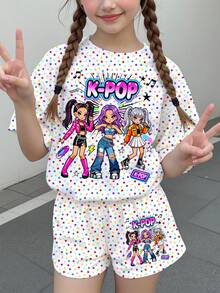 女童小女孩休閒簡約卡通女孩組合印花波點短袖T恤與短褲兩件套，適合夏季 - 彩色 - 查看 2
