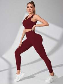 Nuvra Burgundy Women Gym Workout Set,Autumn Athleisure Round Neck Top And Slim Fit Leggings Set,Seamless Quick-Drying Sports Clothes For Chinese New Year - Burgundy - View 7