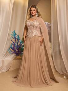 Glamrae فستان سهرة أنيق بمقاس كبير بلون وردي مغبر مع أكمام معلقة مكشكشة وتصميم قنديل البحر مع كشكشة وترتر وزهور ثلاثية الأبعاد مطوية بقصة ضيقة وذيل حورية البحر مناسب للزفاف والعشاء والربيع - الأزرق - مشاهدة 7