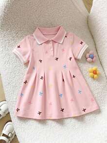 SHEIN Playful Pals 女嬰白色休閒洋裝，1件裝，羅紋領口、羅紋袖口，適合休閒、外出、運動及派對 - 粉色 - 查看 5