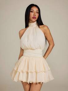 Vivamere Women's Fashion Versatile Elegant Pleated Halter Neck Ruffle Hem Dress,Petite Women Party Cream White Summer - Beige - View 12