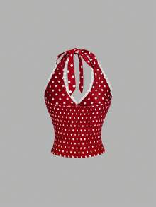 SHEIN MOD 女款波點掛脖無袖短版紅色與白色甜美性感可愛 90s 80s 復古 Y2K 吊帶上衣 外出度假派對萬聖節節慶夏季 - 紅白色 - 查看 2
