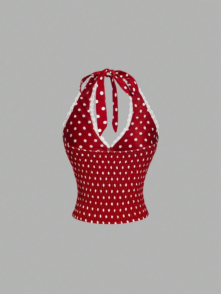 SHEIN MOD Women Polka Dot Halter Sleeveless Crop Red And White Polka Dot Sweet Sexy Cute Y2K Cami Top Going Out Vacation Party Halloween Festival Fall Summer - Red and White - View 2