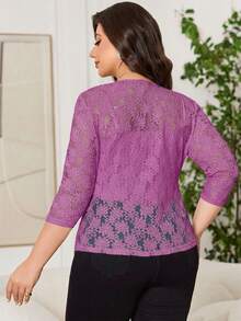 Reflora Plus Size Women's Purple Lace Floral Pattern Versatile Thin Jacket Cocktail Party Autumn Fall - Hot Pink - View 3