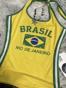 IslaSuriya 女款 Y2K 撞色掛脖「BRASIL」背心，巴西風撞色上衣，賽事日穿搭 - 彩色 - 查看 3
