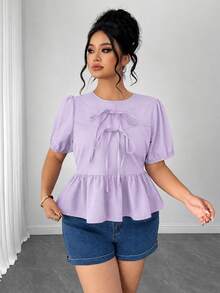 Elenzga Plus Size Women's Summer Solid Color Round Neck Puff Short Sleeve, Front Bow Tie, Short Ruffle Hem Blouse - Purple - View 3
