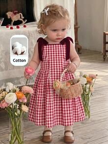SHEIN LMoss Kids 女婴格子圆领蝴蝶结装饰休闲吊带裙 - 彩色 - 查看 7