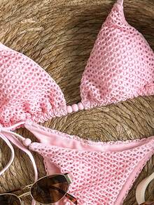Swim Mod Women's Spring/Summer Textured Fabric Halter Neck Beaded Bikini Set - Pink - View 6