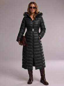 RueChic Women's Zipper Waist Belt Detachable Hooded Long Padded Jacket - Black - View 1