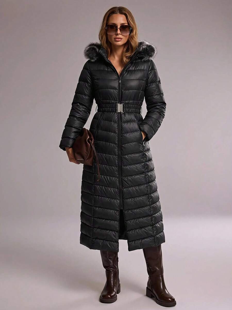 RueChic Women's Zipper Waist Belt Detachable Hooded Long Padded Jacket - Black - View 1