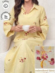Al Najma 黃色鏤空刺繡休閒長洋裝，附領口設計 - 黃色 - 查看 3