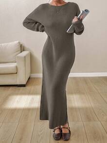 EURMUSE Boat Neck Ribbed Knit Midi Dress – Earthy Brown | Oversized Fit With Textured Stitch - Mocha Brown - View 4