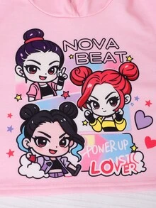 青少年女孩休閒百搭日常趣味塗鴉圖案連帽短版衛衣 + 牛仔風塗鴉寬鬆長褲套裝 - 藍色 - 查看 5
