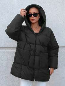 SHEIN Cottnline Drop Shoulder Hooded Puffer Coat - Black - View 4