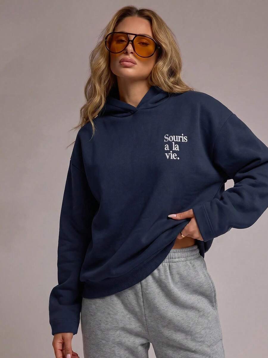 RueChic 100% Baumwolle Damen Hoodie mit Buchstaben-Muster - marineblau - Übersicht 1