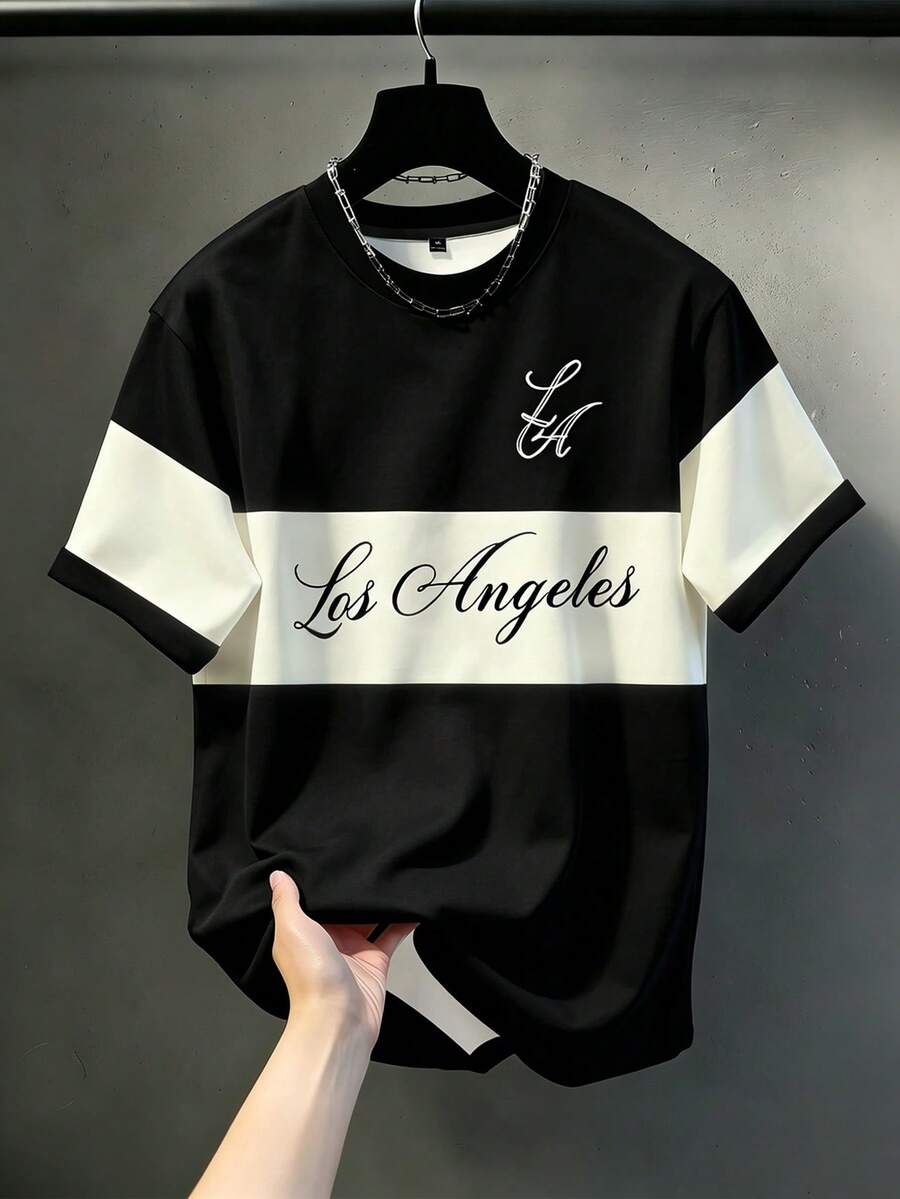 KRYTIVO Plus Size Men's Colorblock Crew Neck Letter Graphic Short Sleeve Fashion Versatile T-Shirt - Black - View 1