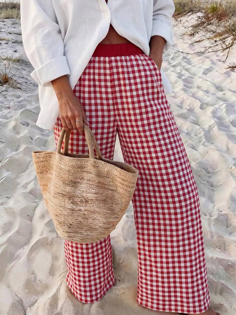 Vaclyn Women's Casual Vacation Style Wide Leg Long Pants - Red - View 1