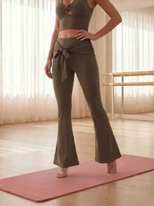 Eassivo Eassivo Women's Solid Color Pleated Tie-Up Fashion Flared Leg Sports Pants - Coffee Brown - View 6