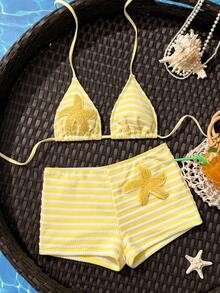 Swim SXY 夏季新款多色淡黃色紋理布料海洋海星裝飾直筒褲掛脖綁帶海灘度假女款2件式泳衣套裝 - 彩色 - 查看 3