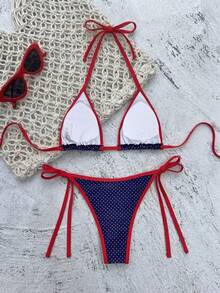 Swim Mod Set Bikini Segitiga Halter Seksi Motif Bunga Hijau Terbaru untuk Wanita Musim Panas - Navy Blue - View 2