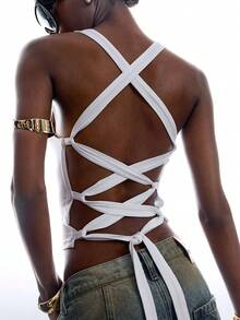 LYSMO Women's Lace-Up Backless Square Neck Solid Color Tank Top Club Night White Summer Sexy - White - View 7