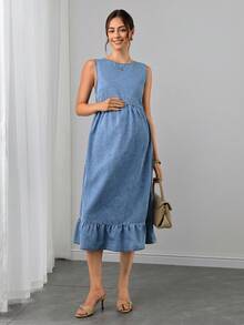 Momance Vestido de maternidad plisado casual diario de mezclilla - Azul lavado medio - Ver 4