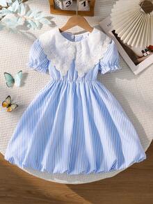 SHEIN 1 pieza Vestido ajustado de verano nuevo casual y lindo para niñas, con rayas tejidas, bordado personalizado, cuello y mangas abullonadas, para uso diario, salidas, reuniones elegantes y fiestas - Celeste - Ver 7