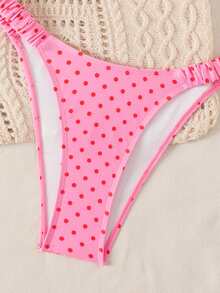 Swim Mod Spring/Summer Polka Dot Print Bikini Swimsuit For Women, Sexy Beach Vacation Swimwear With Double Shoulder Straps - Pink - View 5