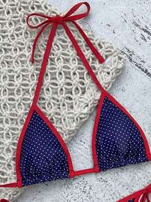 Swim Mod Set Bikini Segitiga Halter Seksi Motif Bunga Hijau Terbaru untuk Wanita Musim Panas - Navy Blue - View 5