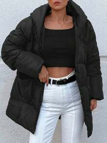 SHEIN Cottnline Drop Shoulder Hooded Puffer Coat - Black - View 2