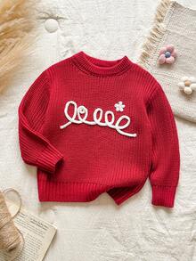 SHEIN 女童紅色刺繡花卉圖案長袖套頭毛衣，適合秋冬穿著，可搭配棉襖與外套 - 紅色 - 查看 5