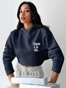 RueChic 100% Baumwolle Damen Hoodie mit Buchstaben-Muster - marineblau - Übersicht 5