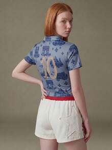 Elnivra Camiseta de manga corta de punto estampado azul marino para mujer - Neblina azul - Ver 2