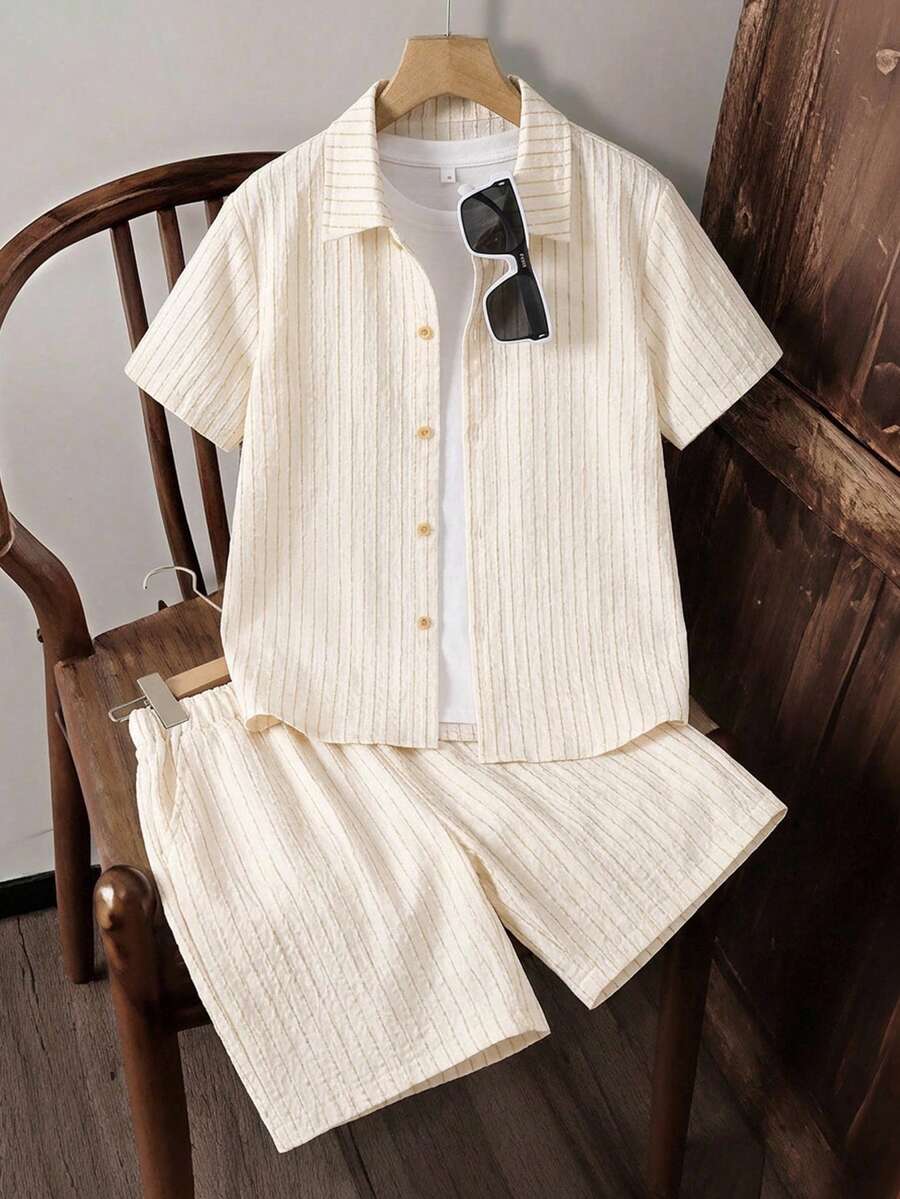 Tween Boy Solid Color Short Sleeve Single-Breasted Shirt And Shorts Casual Set - Multicolor - View 1