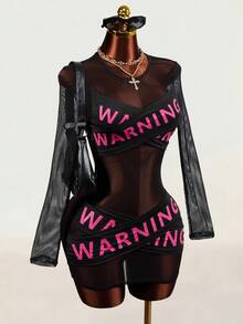 Mistrie Women's Letter Print Criss-Cross Contrast Color Sexy Mesh Sheer Long Sleeve Hot Girl Dress - Black - View 6