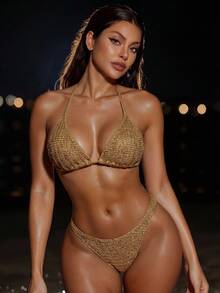 SHEIN Swim 纯色亮片纹理吊带三角罩杯性感比基尼上衣针织泳衣钩针比基尼套装钩针泳装女士三角比基尼上衣系带比基尼套装 - 卡其色 - 查看 4