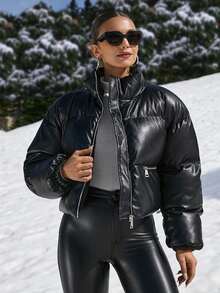 RueChic Stand Neck Double Metal Zipper Drawstring Hem Faux Leather Puffer Down Jacket - Black - View 5
