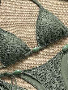 Costavie Women's Spring/Summer Jacquard Fabric Halter Neck Beaded Decor Bikini Set With Skirt Beach Party Olive Green Sexy Tropical - Army Green - View 6