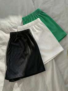 Set Of Three Ribbed Shorts High Shot Elastic Waist Basic Plain Casual Urban Shorts - negro blanco verde - View 1