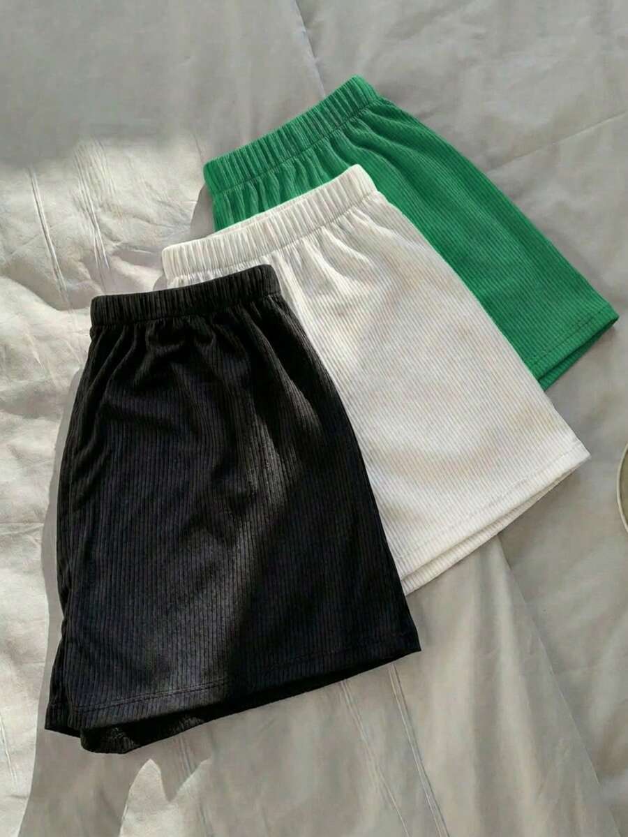 Set Of Three Ribbed Shorts High Shot Elastic Waist Basic Plain Casual Urban Shorts - negro blanco verde - View 1