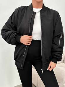 SHEIN Cottnline Zip Up Bomber Jacket For Autumn & Winter - Black - View 2