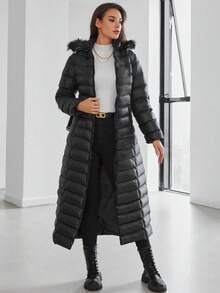RueChic Women's Zipper Waist Belt Detachable Hooded Long Padded Jacket - Black - View 3